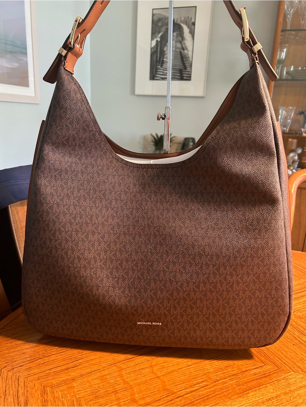 Michael Kors Brown and Tan MK Signature Hobo Shoulder Bag